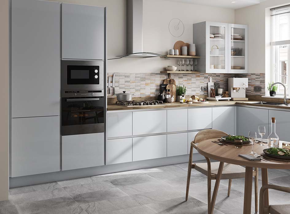 Light grey outlet gloss kitchen cabinets
